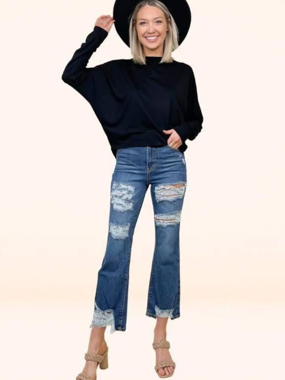 THE BLAKE MID WASHED MID RISE DISTRESSED CROP FLARE